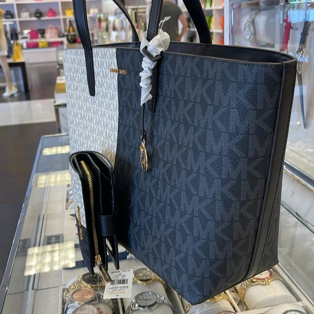 Michael Kors Jet Set Medium Two-Tone Logo Tote & Medium Two-Tone Logo Wallet NWT